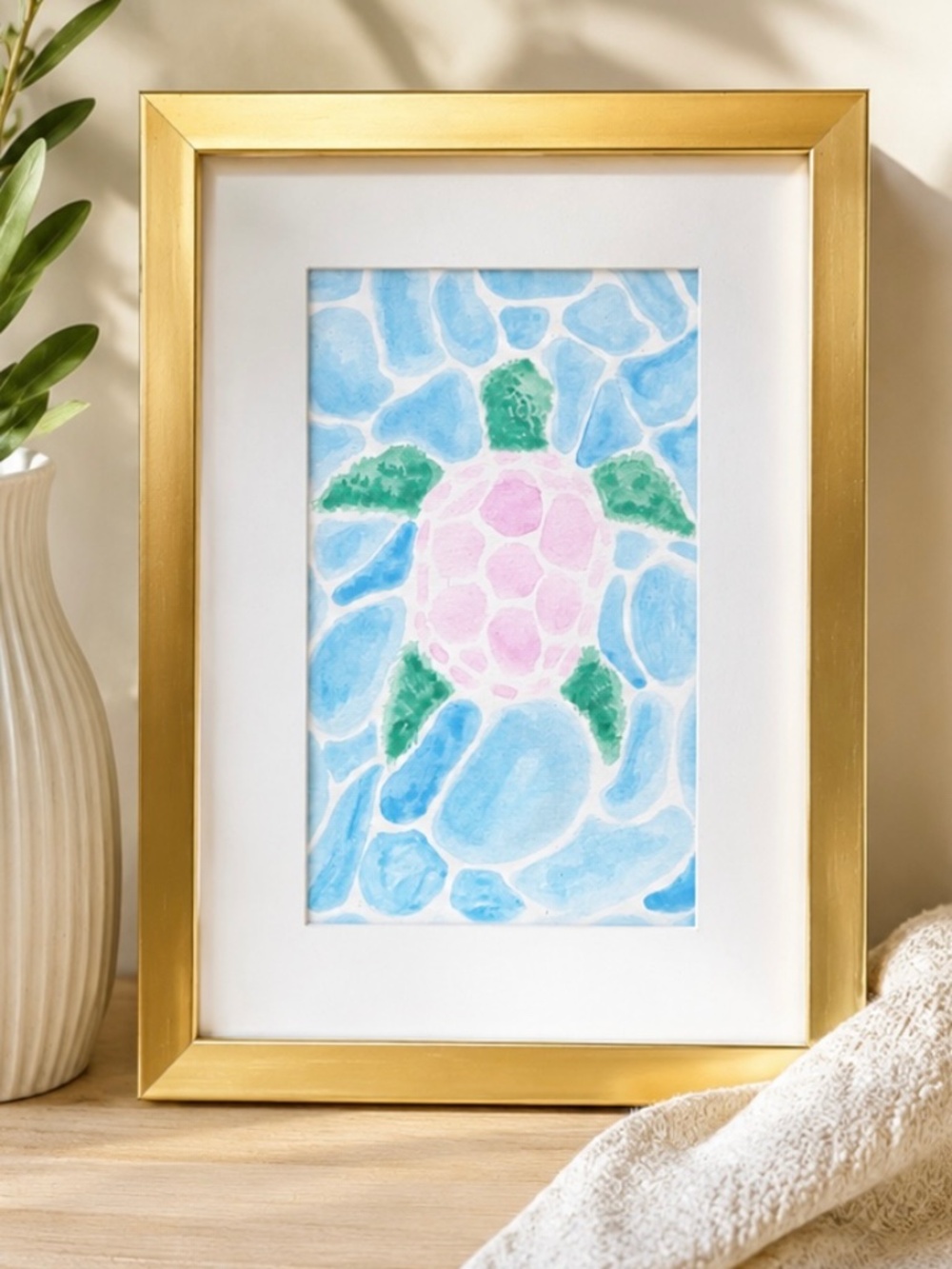 Original Pastel Sea Turtle Painting - Framed 6"x8" Beach Decor
